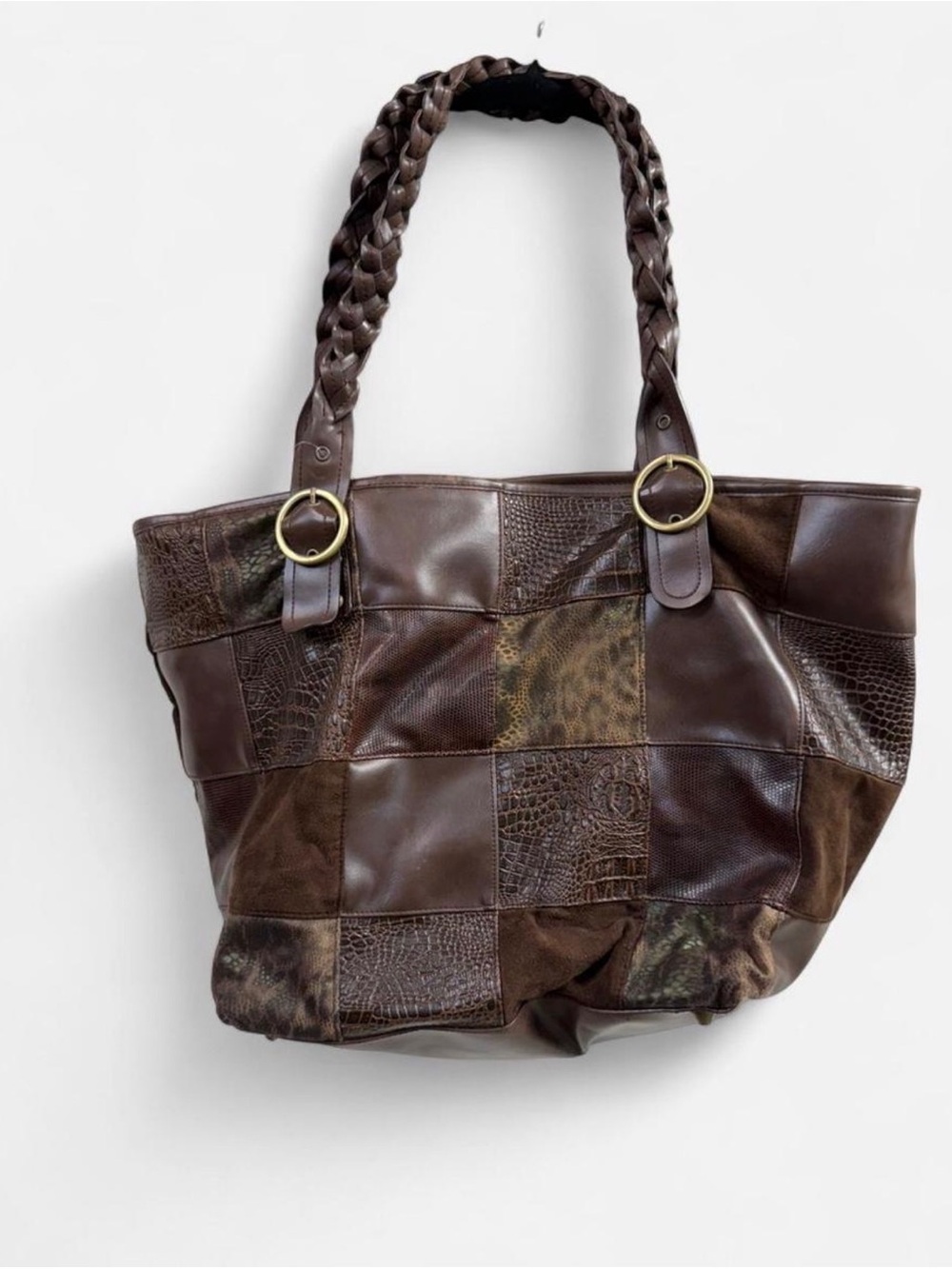 Bueno Brown Patchwork Leather Shoulder Bag with Braided Handles